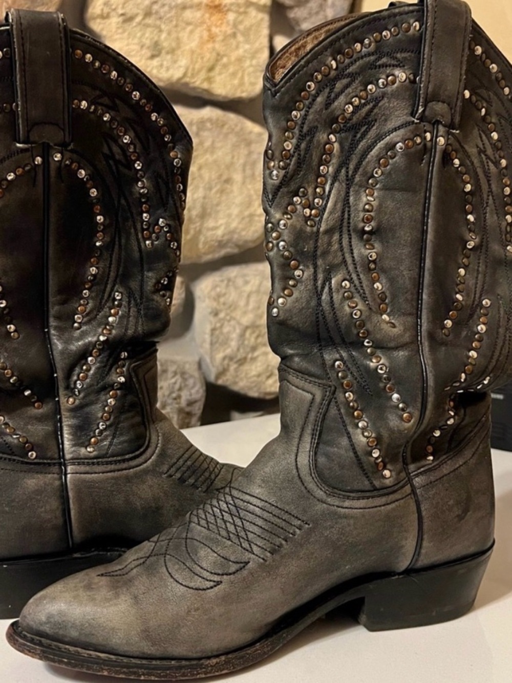 Frye Billy Studded Leather Cowboy Boots charcoal grey size 7